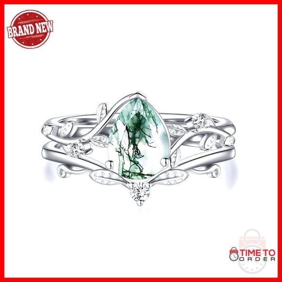 Sterling Silver Moss Agate Ring Set Size 5 Dainty Design Engagement Promise